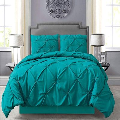 6 Piece Casual Style Teal Blue Pintuck Comforter Set Twin Size - All Seasons Beautiful Pinch Pleated Textured Solid Color Luxury Bedding - Durable Comfortable Warm Soft Cozy Comfy Bed in a Bag Sheets