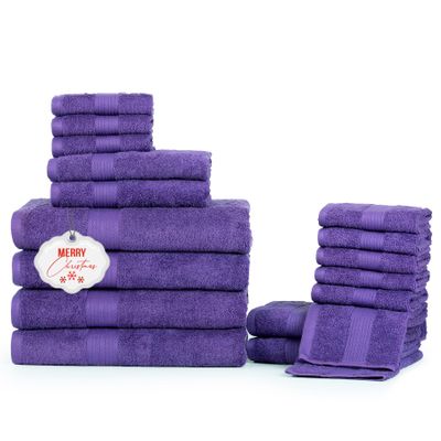 Ample Decor Bathroom Towel Set of 18-4 Hand Towel, 4 Bath Towel, 10 Wash Cloths - Oeko Tex Certified 600 GSM 100% Cotton - High Absorbency Quick Drying, Ideal for Gifting - Purple