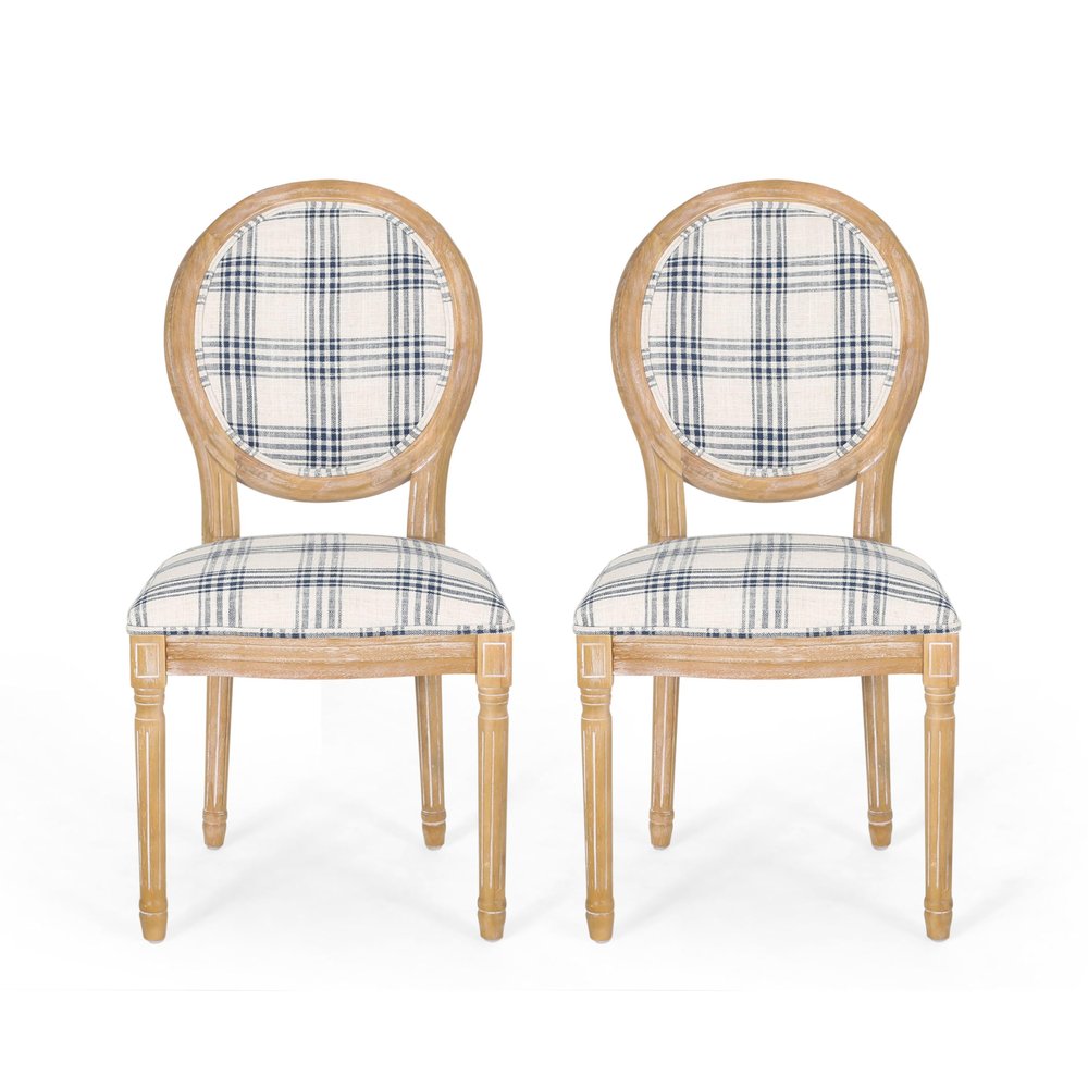 Christopher Knight Home Phinnaeus Dining Chair Set, Set of 2, Fabric, Dark Blue Plaid + Natural