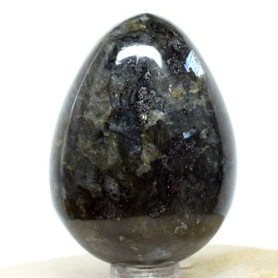 2.3" Larvikite Egg Natural Sparkling Blue Flash Crystal Black Moonstone w/Labradorite Feldspar Mineral Polished Gemstone - India + Stand