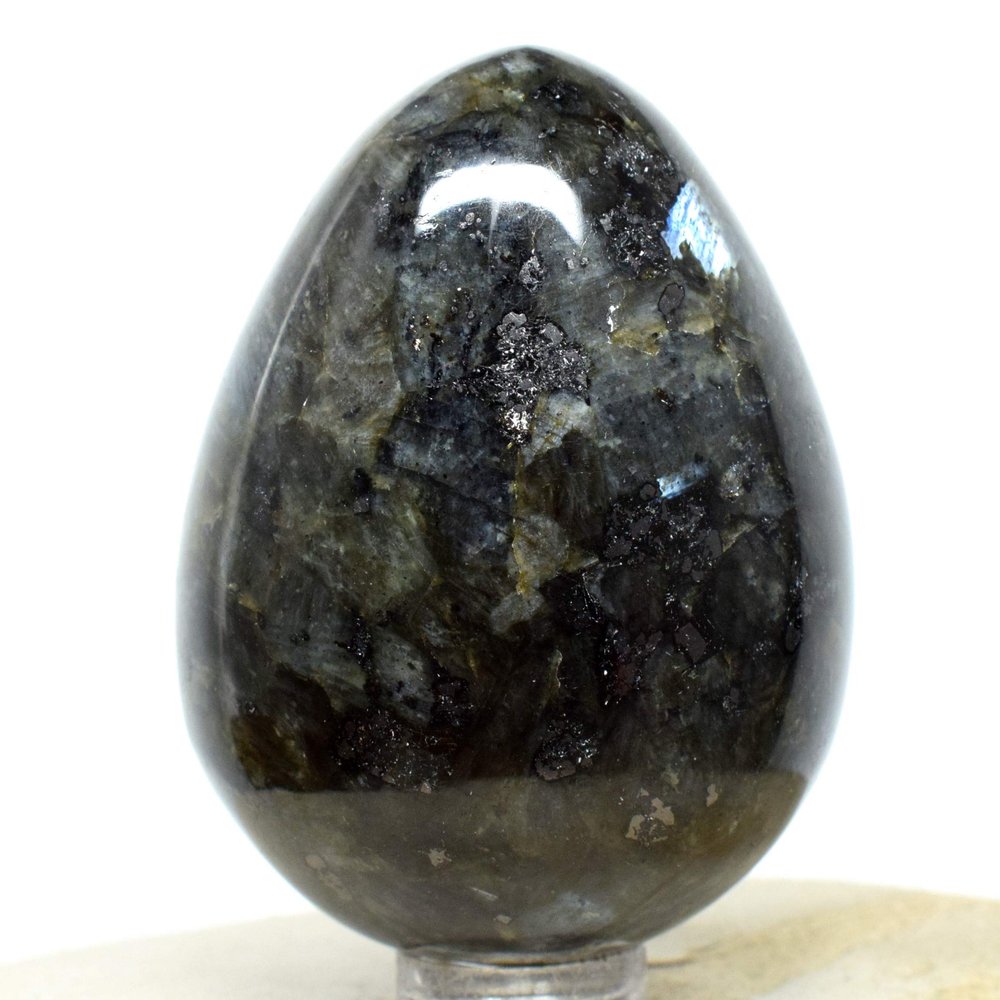 2.3" Larvikite Egg Natural Sparkling Blue Flash Crystal Black Moonstone w/Labradorite Feldspar Mineral Polished Gemstone - India + Stand