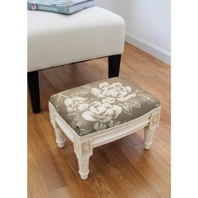 Unknown1 Taupe Magnolia Footstool with Antique White Finish Floral Traditional Pattern Rectangle Rubberwood Antique