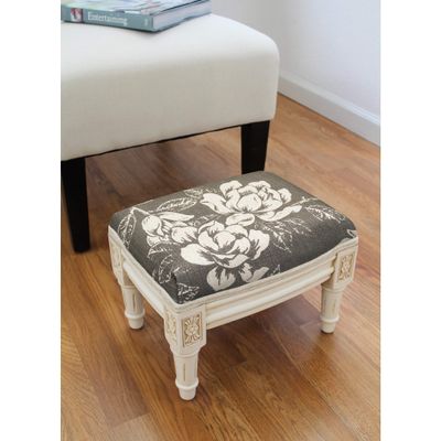Unknown1 Grey Magnolia Footstool with Antique White Finish Floral Traditional Pattern Rectangle Rubberwood Antique
