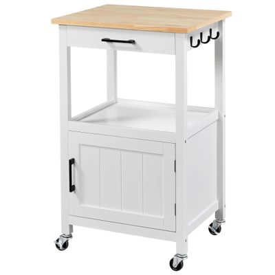 Yaheetech Kitchen Island Cart with Storage, Rolling Kitchen Island on Wheels with 6 Side Hooks, Wood Top Microwave Cart with Drawer for Dining Room, White