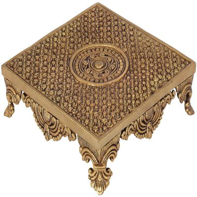 Exotic India Flowers Carved Puja Chowki - Brass Statue