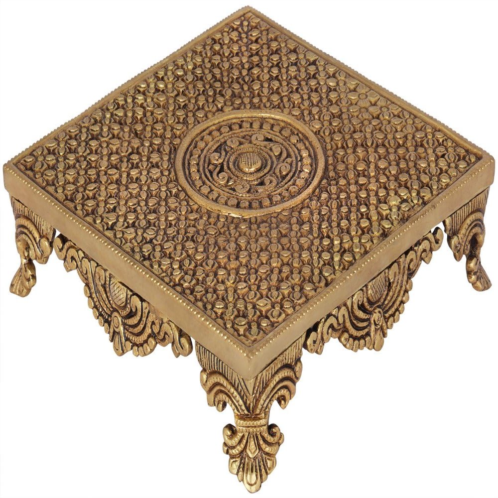 Exotic India Flowers Carved Puja Chowki - Brass Statue