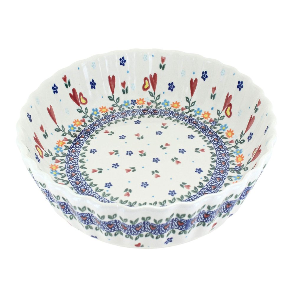 Blue Rose Polish Pottery - Red Hearts & Flowers Pie Plate - 10" Diameter - Unique, Dishwasher Safe, & Durable Bakeware