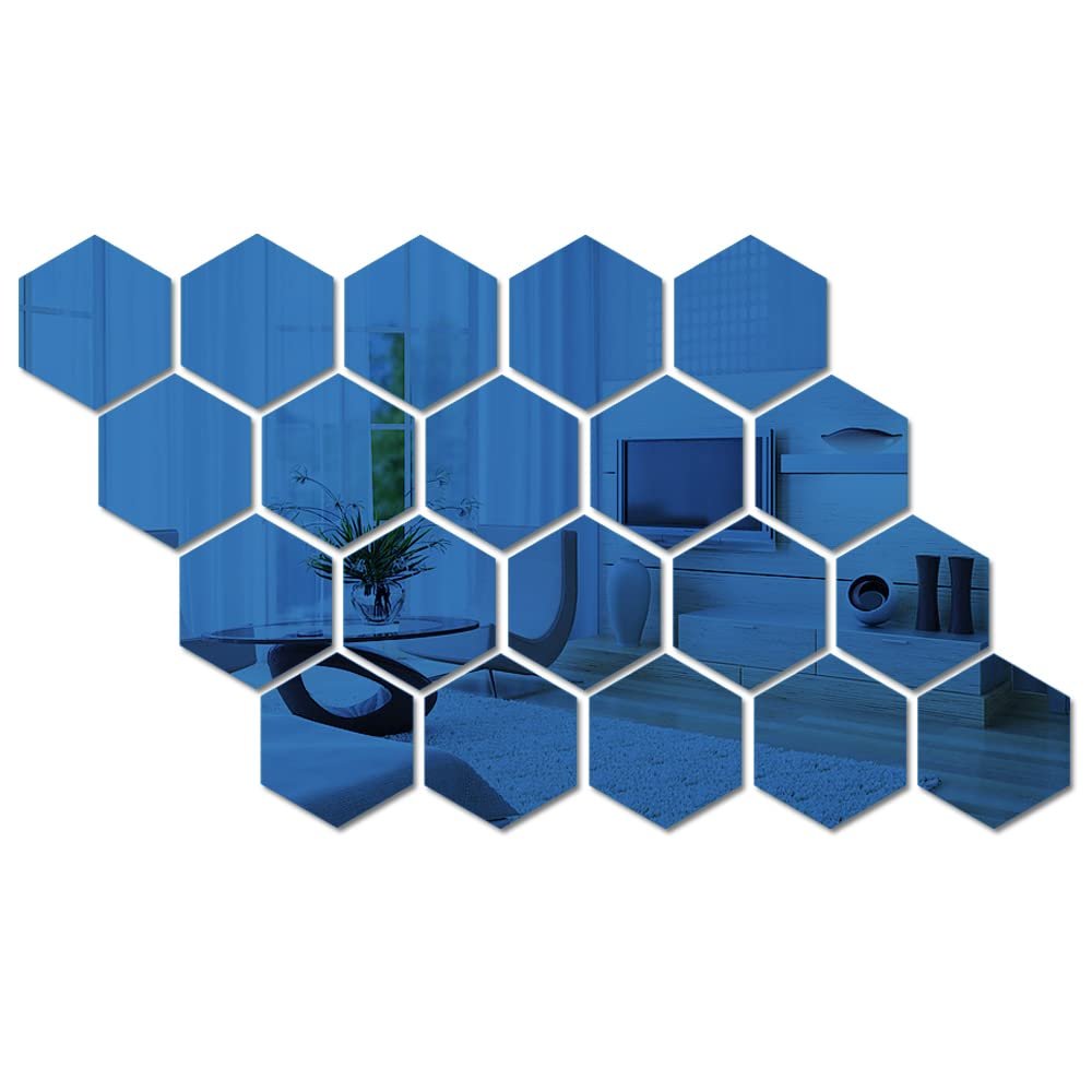 N/A/ 20 Pieces Hexagon Acrylic Mirror Sticker Sheet, Self Adhesive Golden Mirror Wall Decor, Removable Wall Stickers for Bathroom Living Room Bedroom Decal (5x4.3x2.5inch) (Blue)