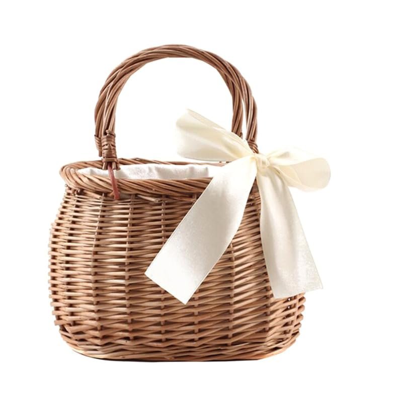 Hand- Woven Rattan Basket Basket Woven Storage with Handle for Picnic Home Wedding Party Decoration Photo Props