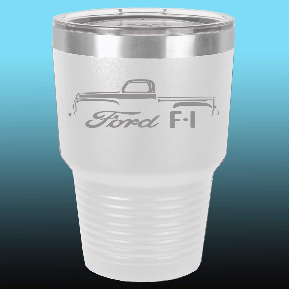 1948-52 Ford F1 Pickup Truck 30oz Stainless Steel Tumbler w/Clear Lid white