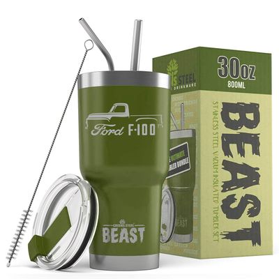 1953-56 Ford F100 Pickup Truck Beast 30 oz Stainless Steel Insulated Tumbler w/Lid, 2 Straws, Brush and Gift Box army