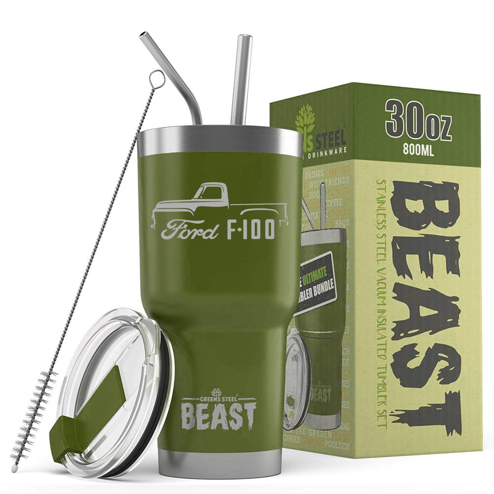 1953-56 Ford F100 Pickup Truck Beast 30 oz Stainless Steel Insulated Tumbler w/Lid, 2 Straws, Brush and Gift Box army