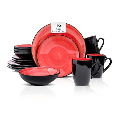 HomeVss, Stoneware Sonoma 16pc Dinnerware Set, Black + Speckled Hand Painting Red