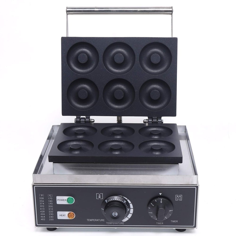 110V Commercial Donut Maker Machine, Electric Stainless Steel 3 Doughnut Maker Double-Sided Heating with Non-stick Plate for Kitchen, Restaurant (6Pcs/Pan 1550W)