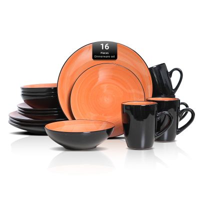 HomeVss, Stoneware Sonoma 16pc Dinnerware Set, Black + Speckled Spin Wash Orange