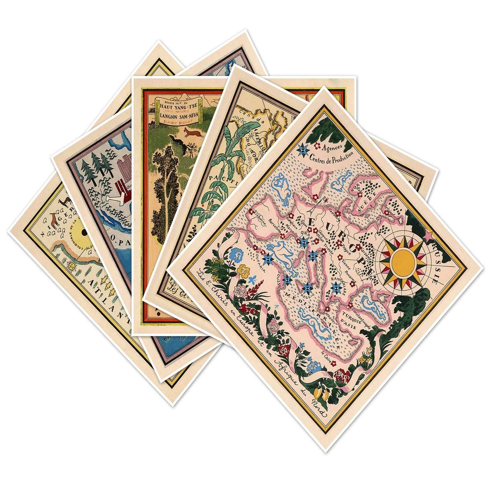Antiguos Maps - Set of Five (5) Parisian Pictoral Maps of Africa (Afrique), Asia (Chine), America (Amerique), Europe and the World by Lucien Boucher circa 1931 - measures 24 inches x 24 inches (610 mm x 610 mm)