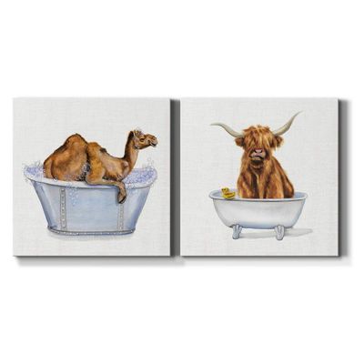 Renditions Gallery Bathing Highland Cow and Camel Wall Art, Premium Gallery Wrapped Canvas Decor, Ready to Hang, 16 in H x 16 in W, Made in America Print