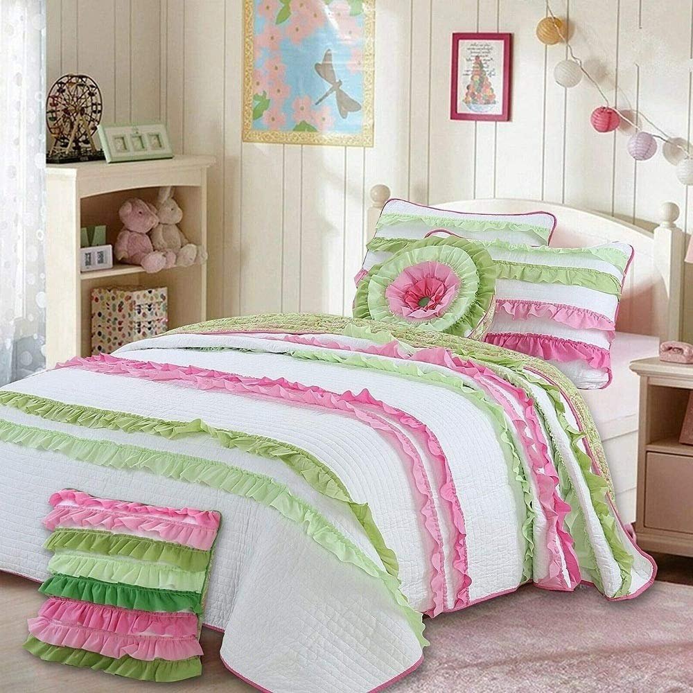 2 Piece Shabby Chic Ruffle Pink Green Quilt Twin Size Set for Girl's Bedroom Decor - French Country Striped Pattern Reverse Paisley Design Reversible Bedding Set - Pretty Ultra Soft Cotton Quilt Set