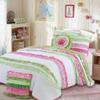 2 Piece Shabby Chic Ruffle Pink Green Quilt Twin Size Set for Girl's Bedroom Decor - French Country Striped Pattern Reverse Paisley Design Reversible Bedding Set - Pretty Ultra Soft Cotton Quilt Set view 1