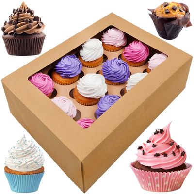 BAKELUV Brown 12 Cupcake Boxes, Cupcake Containers | 13x9.5x4, 25 Pack | 12 Cupcake Box Bulk, Cupcake Boxes 12 Count Carrier, Option to 14x10x4 Bakery Boxes with Window,  Sheet Cake Box 13x9 Inches