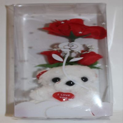 8" Valentines, Mothers Day, White Teddy Bear Holding 3 Rose Flowers in I Love You Laser Printed Gift Box