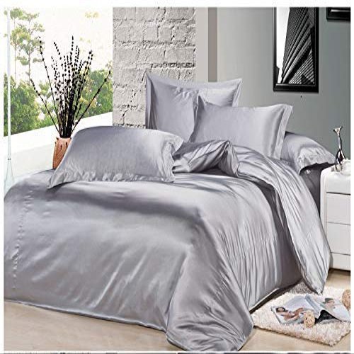 7PCS Best Satin Duvet Cover Set-1Duvet Cover,1Fitted Sheet 15'',1Flat Sheet,2Pillowshams,2Pillowcases 600 TC Soft Satin Bedding Set Solid Colors Pattern Twin XL/Silver Duvet Cover Set