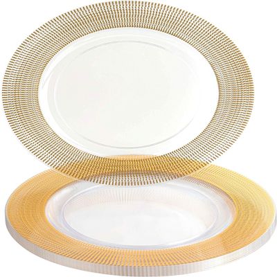 PARTY BARGAINS 13-Inch Charger Plates - 8 Pack, Clear Gold Textured Rim, Heavy-Duty Disposable Chargers for Elegant Dining - Ideal for Weddings and Formal Events