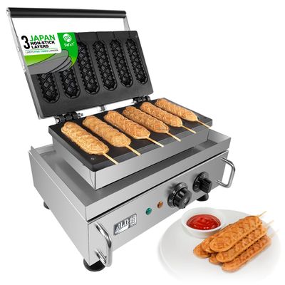 ALDKitchen Corn Dog Waffle Maker for Commercial Use | 6 Hotdog Waffles on a Stick | Stainless Steel | 110V (6 Hot Dogs)