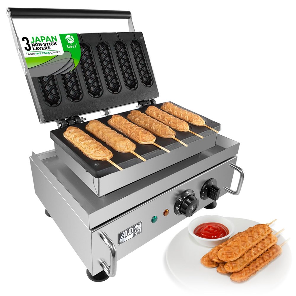 ALDKitchen Corn Dog Waffle Maker for Commercial Use | 6 Hotdog Waffles on a Stick | Stainless Steel | 110V (6 Hot Dogs)