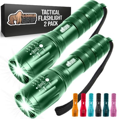 GORILLA GRIP Powerful LED Handheld Tactical Flashlight, 2 Pack, Green