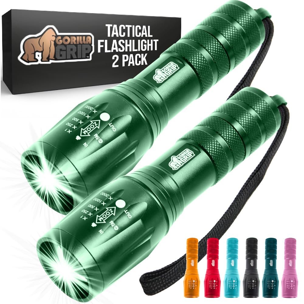 GORILLA GRIP Powerful LED Handheld Tactical Flashlight, 2 Pack, Green