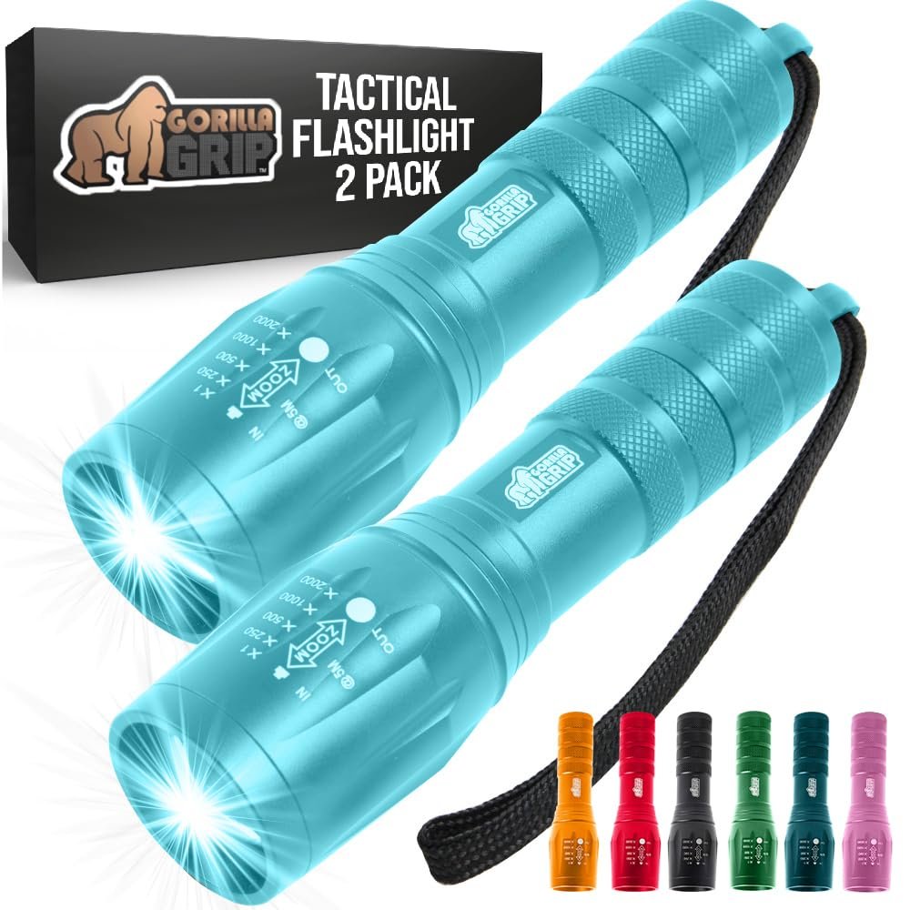 GORILLA GRIP Powerful LED Handheld Tactical Flashlight, 2 Pack Turquoise