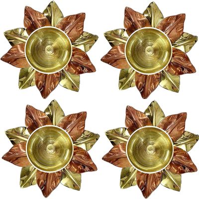 CRAFTSMAN Set of 4 - Brass & Copper Lotus Diya for Home Dcor and Festive Decoration, Traditional Oil Lamp