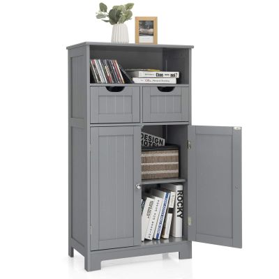 Tangkula Bathroom Floor Cabinet, Storage Cabinet w/Open Shelf, 2 Doors & 2 Adjustable Drawers, Standing Cupboard for Kitchen, Bathroom Cabinet for Living Room Home Office (Grey)