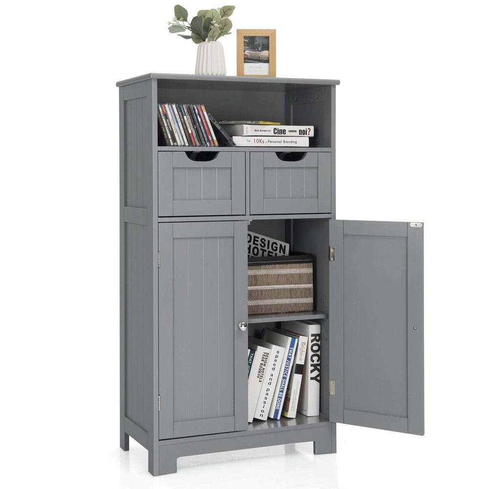 Tangkula Bathroom Floor Cabinet, Storage Cabinet w/Open Shelf, 2 Doors & 2 Adjustable Drawers, Standing Cupboard for Kitchen, Bathroom Cabinet for Living Room Home Office (Grey)