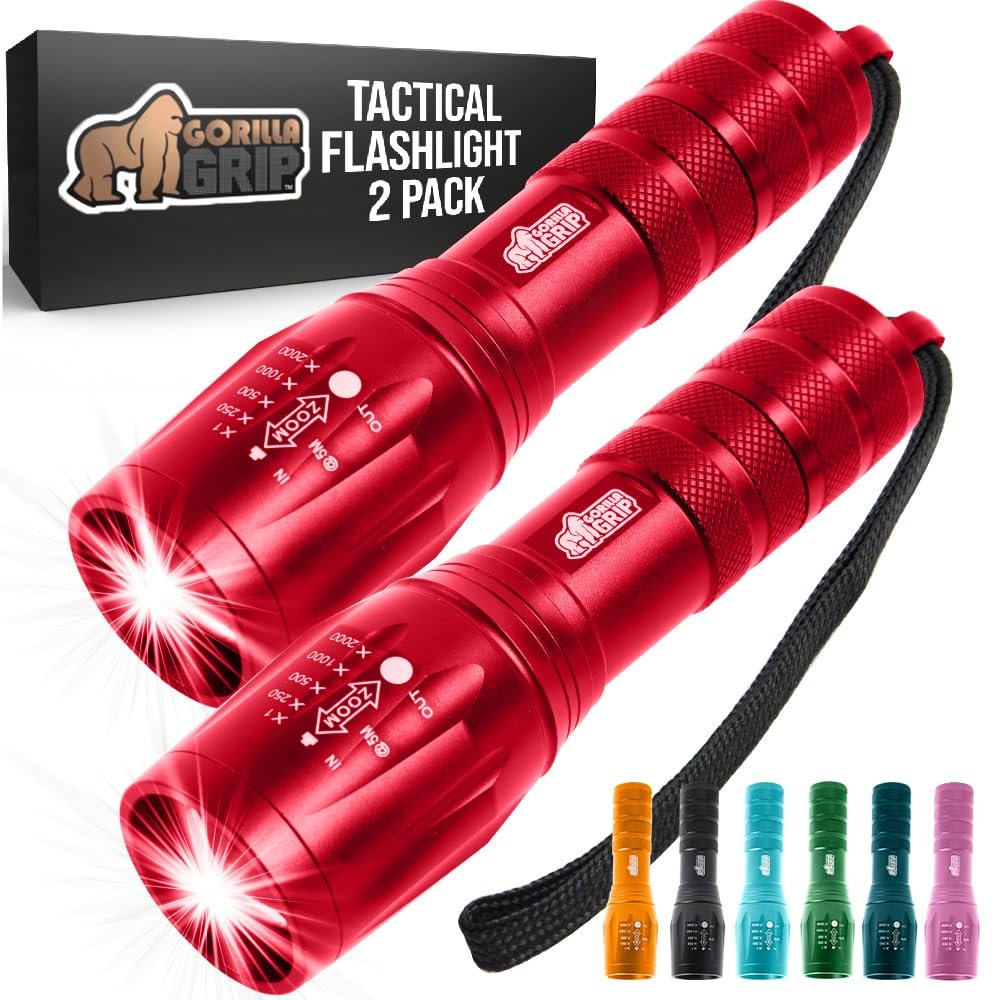 GORILLA GRIP Powerful LED Handheld Tactical Flashlight, 2 Pack, Red