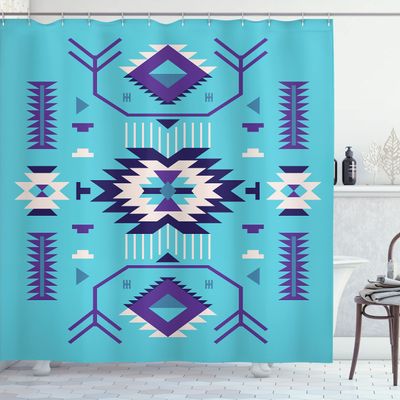 Ambesonne Southwestern Shower Curtain, Ethnic Illustration of a Zigzags Design Triangular Iconic Artwork Motifs, Cloth Fabric Bathroom Decor Set with Hooks, 69" W x 70" L, Deep Sky