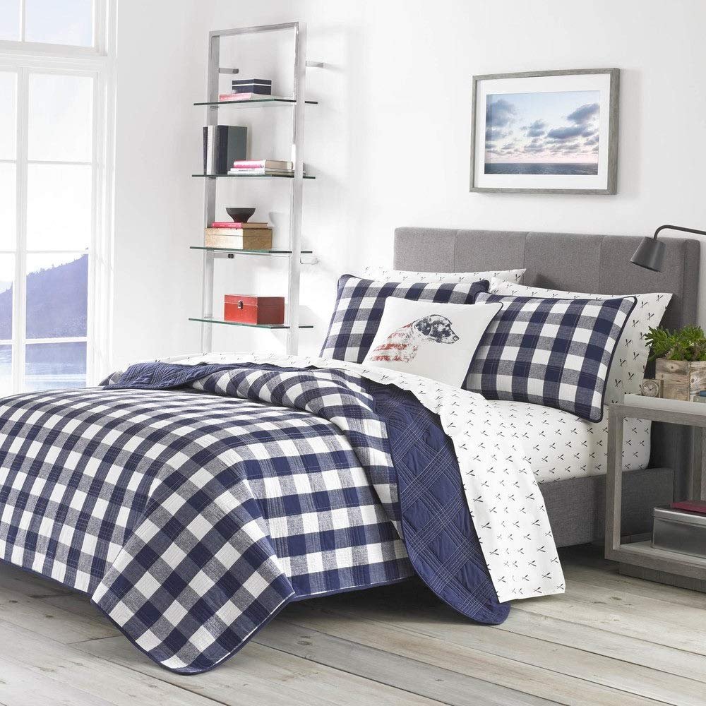 2 Piece Cabin Lodge Style Plaid Quilt Twin Size | Lake House inspired Country Vibe Beautiful Buffalo Checkered Pattern White Indigo Blue Quilt Sets, Classic Reversible Soft Cozy Cotton Coastal Bedding
