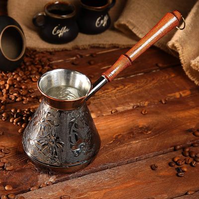 20 Oz Copper Turkish Greek Arabic Engraved Coffee Pot Stovetop Coffee Maker Cezve Ibrik Briki with Wooden Handle