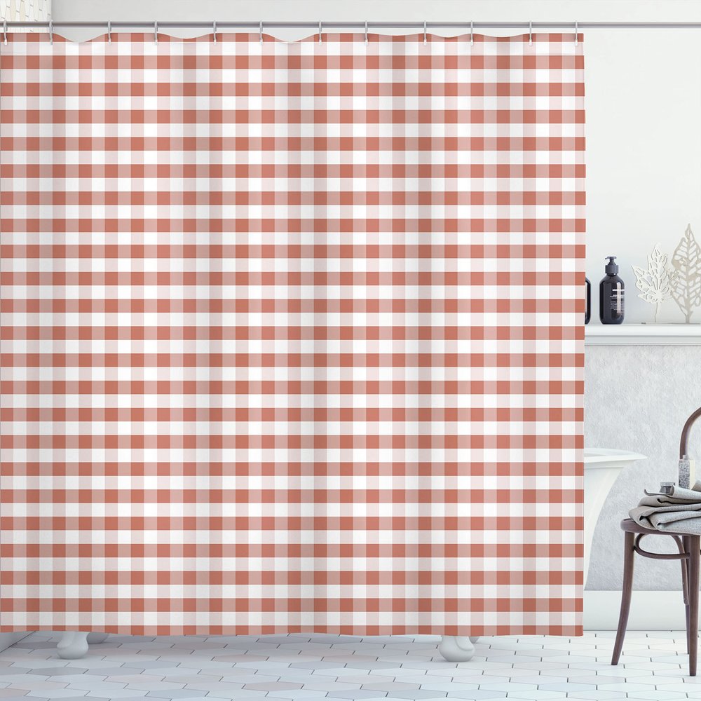 Ambesonne Checkered Shower Curtain, Monochrome Gingham Checks Classical Country Culture Old Fashioned Grid Design, Cloth Fabric Bathroom Decor Set with Hooks, 69" W x 70" L, Pale Rust