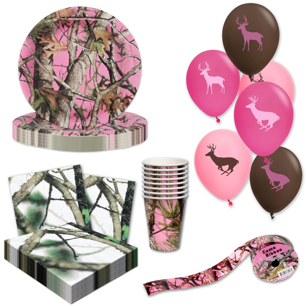 Havercamp Pink Camo Birthday Party Decorations for 16 Guests W/ 16 9in Plates Napkins Cups Balloons Ribbon Hunting Decorations for Party