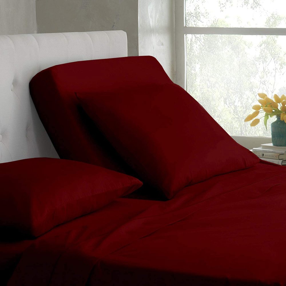 Mr Pandaa Split Top King Sheet Set for Adjustable Flex Top Mattress 100% Egyptian-Cotton, 1000-Thread-Count, Split Head Sheet Set 30" Split at Top - 28" Extra-DEEP-Pocket [King- 30" Split, Burgundy]