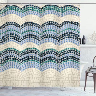 Ambesonne Tiles Shower Curtain, Gradient Colored Mosaic Waves Setting Antique Roman Royal Dated Retro Patterns, Cloth Fabric Bathroom Decor Set with Hooks, 69" W x 70" L, Pale Petrol