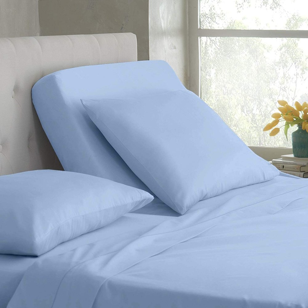 Split Top King Sheet Set for Adjustable Flex Top Mattress 100% Egyptian-Cotton, 1000-Thread-Count, Split Head Sheet Set 39" Split at Top - 28" EXTRA-DEEP-POCKET [King- 39" Split, Light Blue]