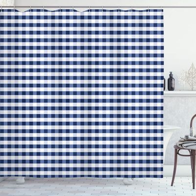 Ambesonne Checkered Shower Curtain, Monochrome Gingham Checks Classical Country Culture Old Fashioned Grid Design, Cloth Fabric Bathroom Decor Set with Hooks, 69" W x 70" L, Night Blue