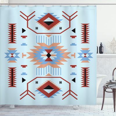 Ambesonne Southwestern Shower Curtain, Ethnic Illustration of a Zigzags Design Triangular Iconic Artwork Motifs, Cloth Fabric Bathroom Decor Set with Hooks, 69" W x 84" L, Pale Blue