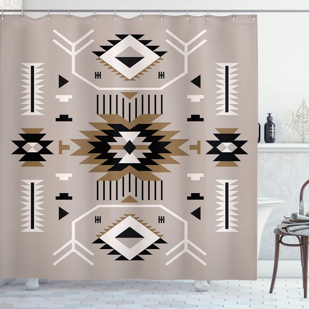 Ambesonne Southwestern Shower Curtain, Ethnic Illustration of a Zigzags Design Triangular Iconic Artwork Motifs, Cloth Fabric Bathroom Decor Set with Hooks, 69" W x 75" L, Camel Black