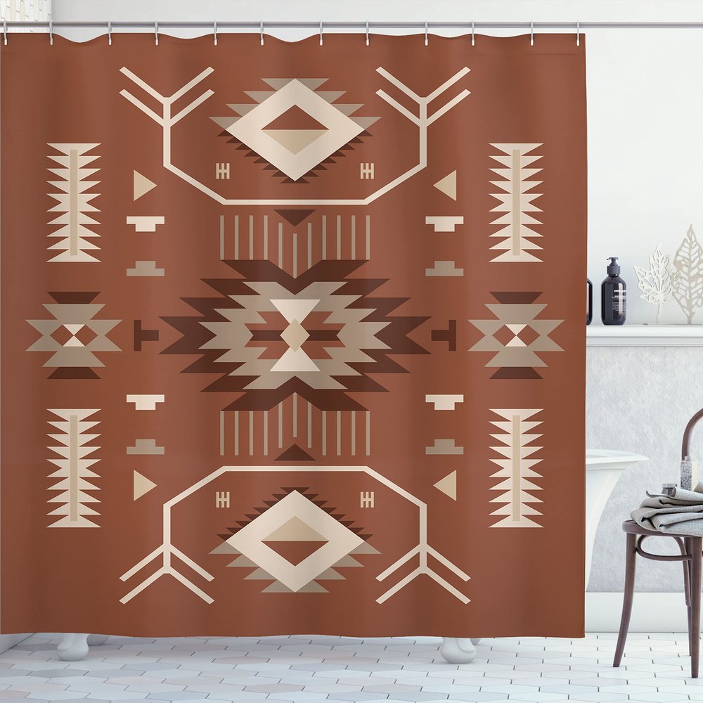 Ambesonne Southwestern Shower Curtain, Ethnic Illustration of a Zigzags Design Triangular Iconic Artwork Motifs, Cloth Fabric Bathroom Decor Set with Hooks, 69" W x 75" L, Pale Redwood