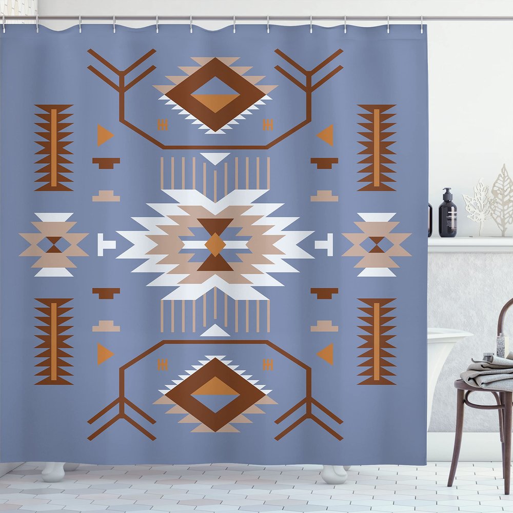 Ambesonne Southwestern Shower Curtain, Ethnic Illustration of a Zigzags Design Triangular Iconic Artwork Motifs, Cloth Fabric Bathroom Decor Set with Hooks, 69" W x 75" L, Blue Ceil