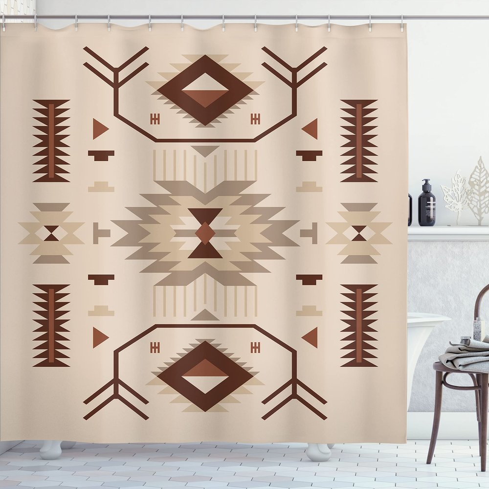 Ambesonne Southwestern Shower Curtain, Ethnic Illustration of a Zigzags Design Triangular Iconic Artwork Motifs, Cloth Fabric Bathroom Decor Set with Hooks, 69" W x 70" L, Beige Brown